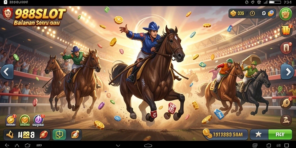 Screenshot gameplay 988SLOT yang menunjukkan mobil melaju kencang di trek balapan.