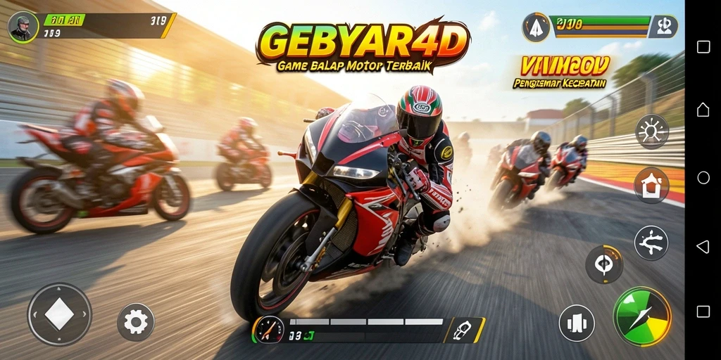 Gameplay seru GEBYAR4D dengan balapan motor yang mendebarkan.