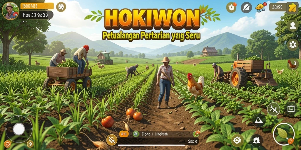 Tangkapan layar utama HOKIWON yang menampilkan ladang hijau dan aktivitas bertani.