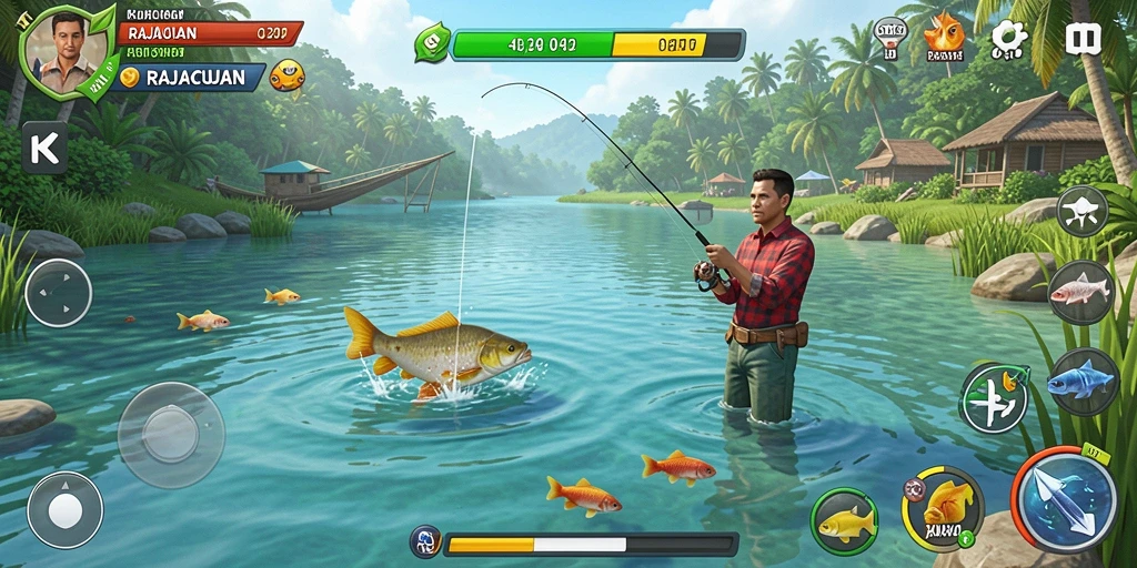 Tampilan gameplay <strong>RAJACUAN</strong> yang menggembirakan saat menangkap ikan.