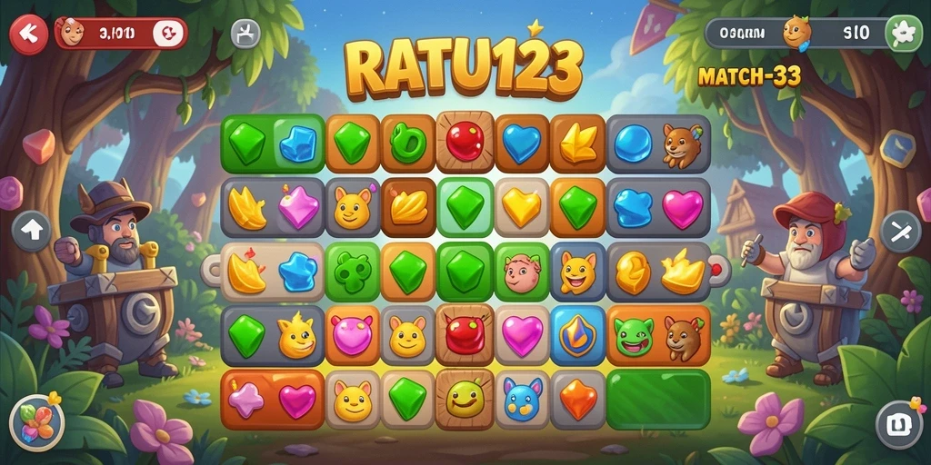 Screenshot gameplay <strong>RATU123</strong> dengan elemen Match-3 yang ceria.