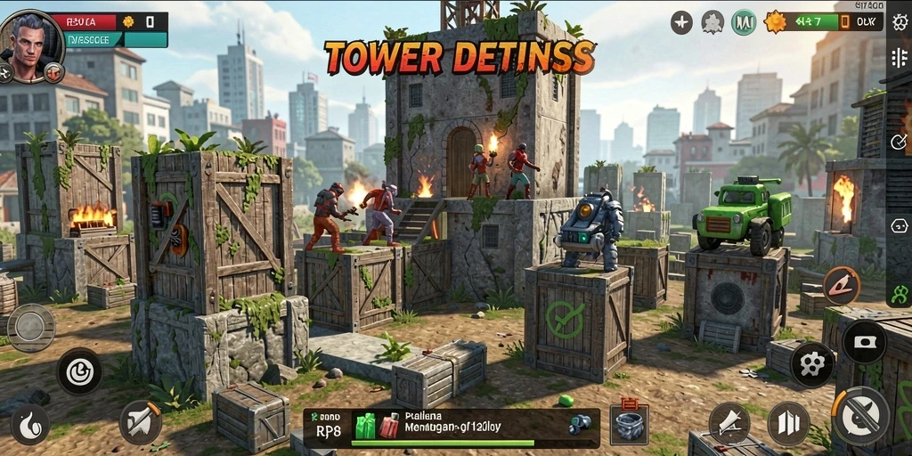 Screenshot utama RP8 menampilkan aksi seru dalam Tower Defense.