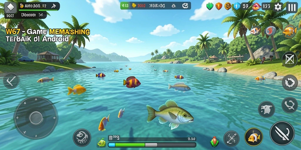 Tampilan gameplay W67 menunjukkan keseruan memancing di berbagai lokasi.
